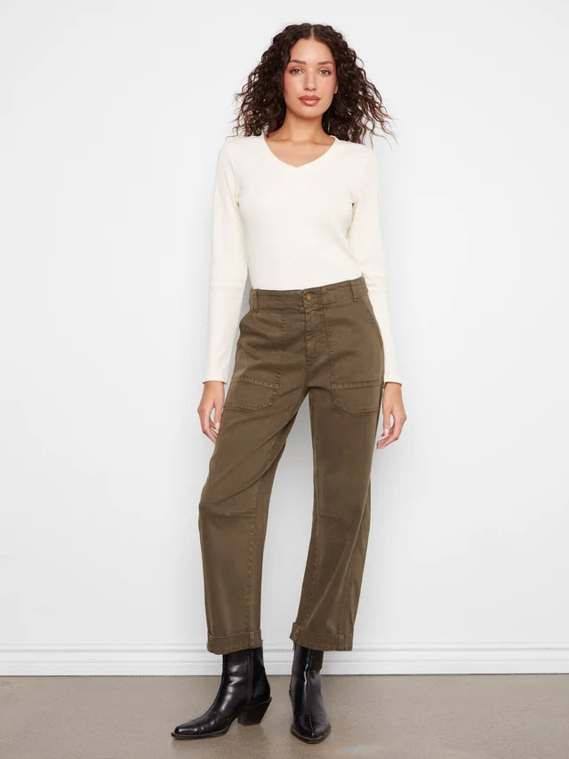 SMOOTH TWILL BARREL PANT-OLIVE-CHARLIE B