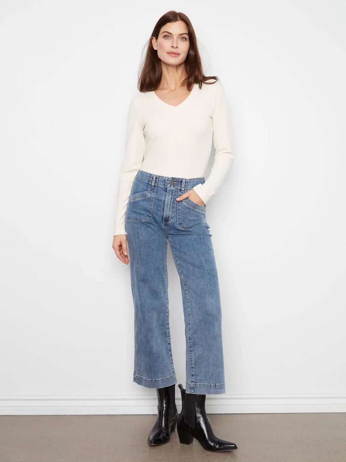 CROP WIDE LEG W/PATCH POCKET-MEDIUM BLUE-CHARLIE B