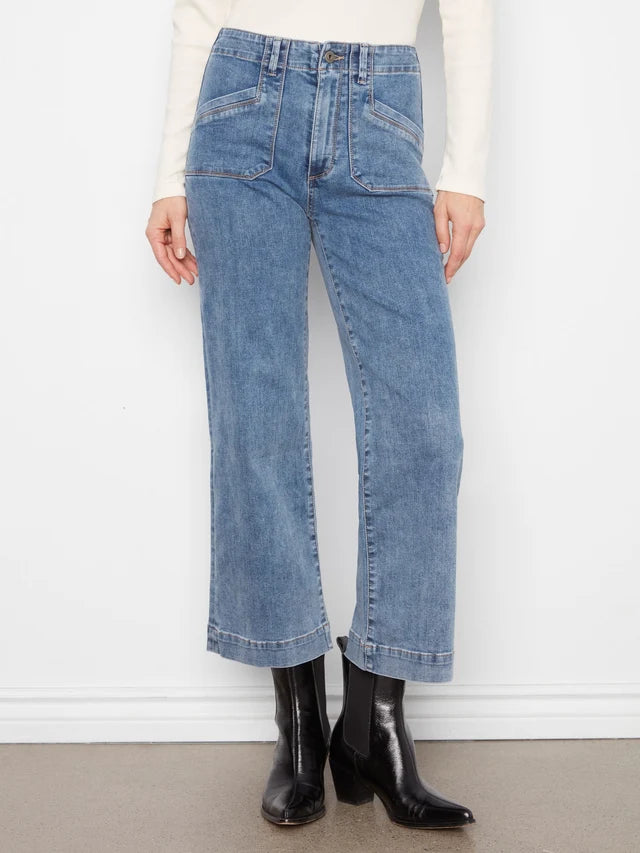 CROP WIDE LEG W/PATCH POCKET-MEDIUM BLUE-CHARLIE B