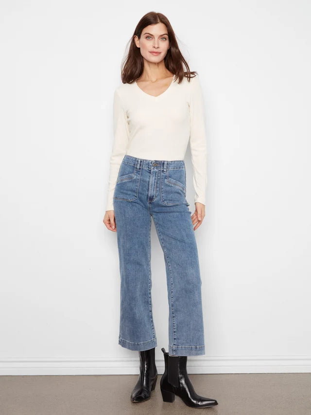 CROP WIDE LEG W/PATCH POCKET-MEDIUM BLUE-CHARLIE B