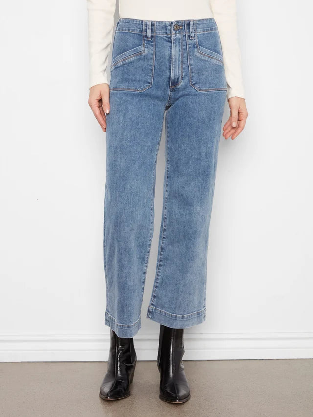 CROP WIDE LEG W/PATCH POCKET-MEDIUM BLUE-CHARLIE B