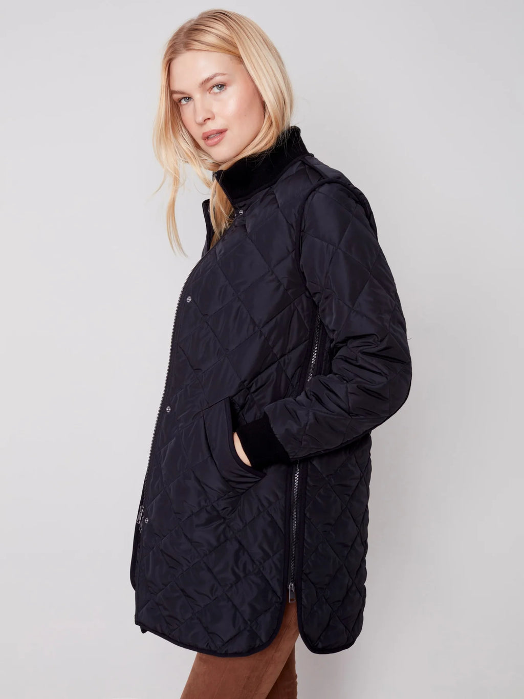 LONG QUILTED JACKET W/ZIPPER-BLACK-CHARLIE B