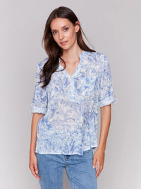 ROLL SLEEVE COTTON GAUZE BLOUSE-JUNGLE-CHARLIE B