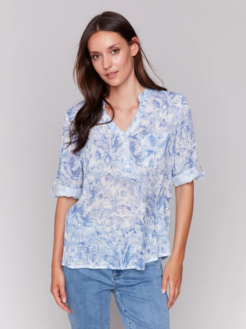 ROLL SLEEVE COTTON GAUZE BLOUSE-JUNGLE-CHARLIE B