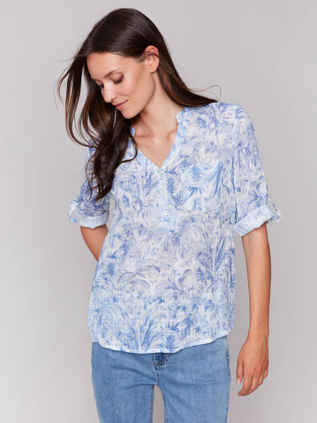 ROLL SLEEVE COTTON GAUZE BLOUSE-JUNGLE-CHARLIE B