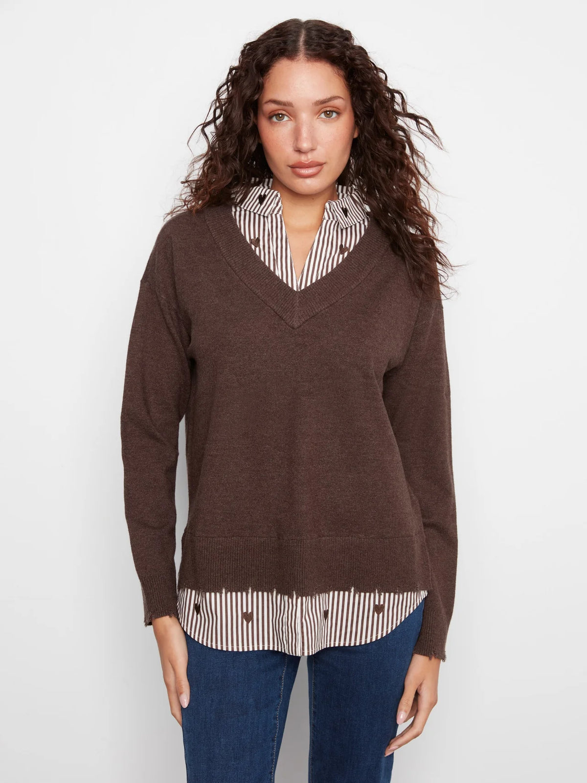 L/S V-NECK FOOLER SWEATER-HEATHER COFFEE-CHARLIE B