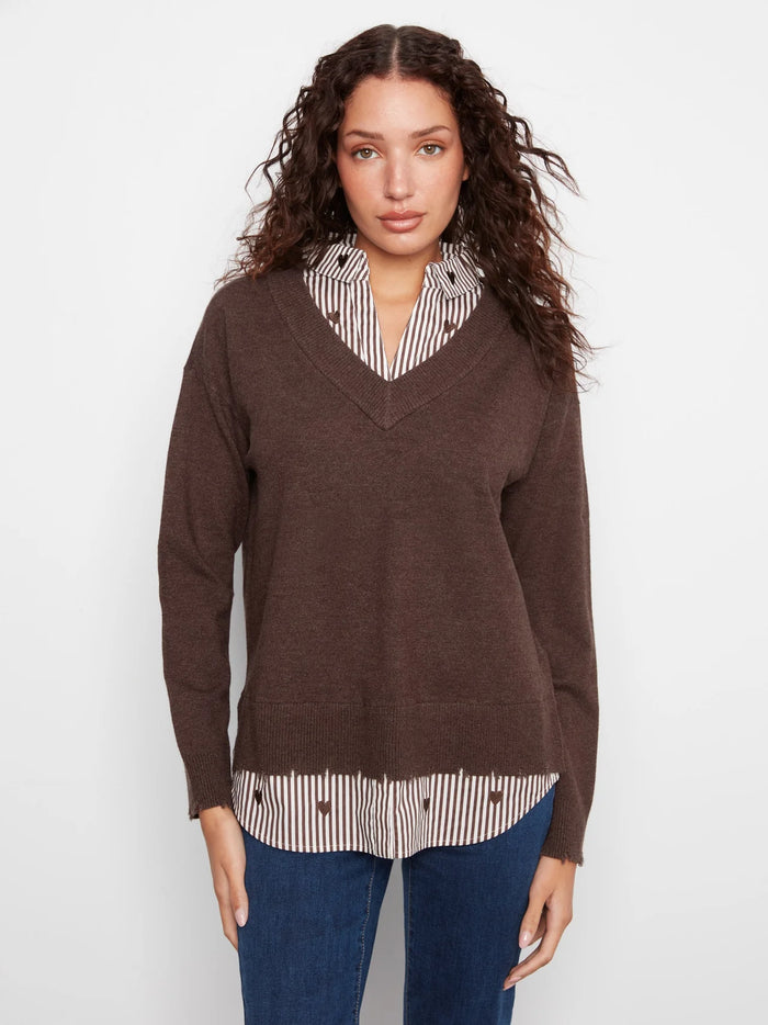 L/S V-NECK FOOLER SWEATER-HEATHER COFFEE-CHARLIE B