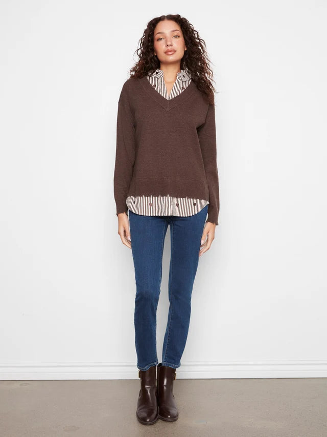 L/S V-NECK FOOLER SWEATER-HEATHER COFFEE-CHARLIE B