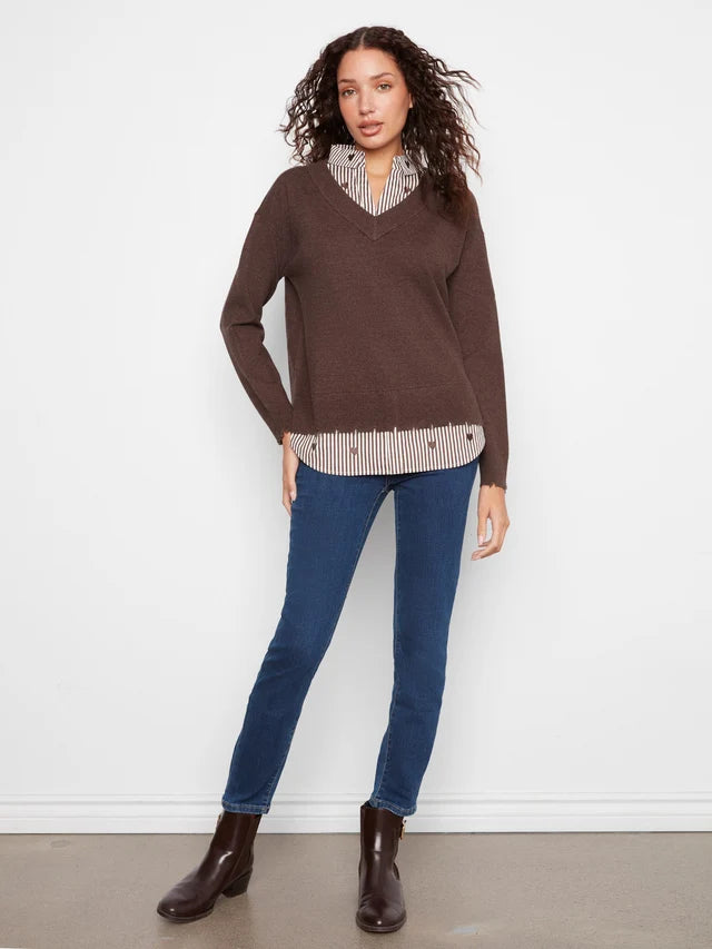 L/S V-NECK FOOLER SWEATER-HEATHER COFFEE-CHARLIE B