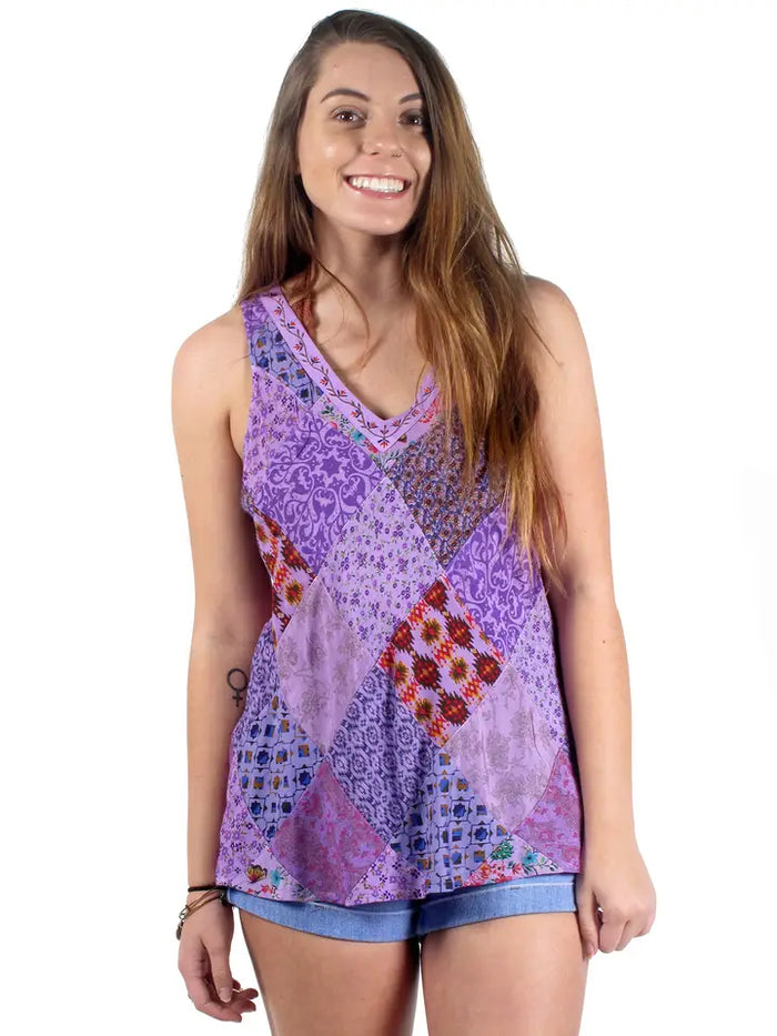 EMBROIDERED V-NECK TANK-BLUE SKY