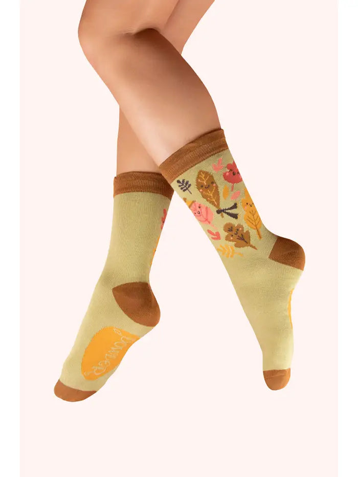 HAPPY LEAVES ANKLE SOCKS-SAGE-POWDER