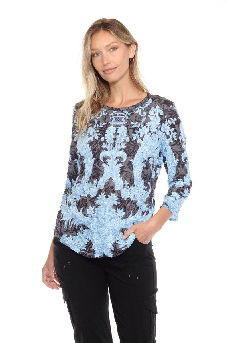 BLUE LACE ROUND NECK TOP-CARINE
