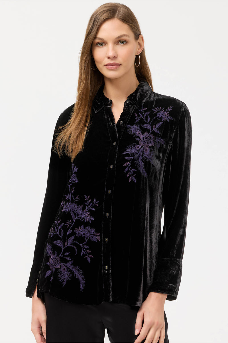 MOLLY VELVET VINTAGE BUTTON DOWN SHIRT-BLACK-JOHNNY WAS