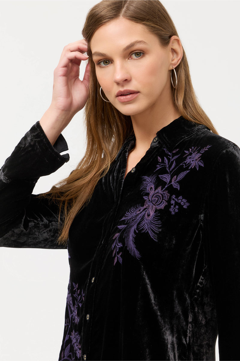 MOLLY VELVET VINTAGE BUTTON DOWN SHIRT-BLACK-JOHNNY WAS