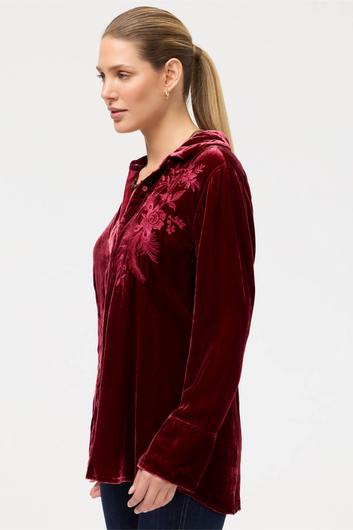 MOLLY VELVET VINTAGE BUTTON DOWN SHIRT-CRAN-RUBY RED-JOHNNY WAS