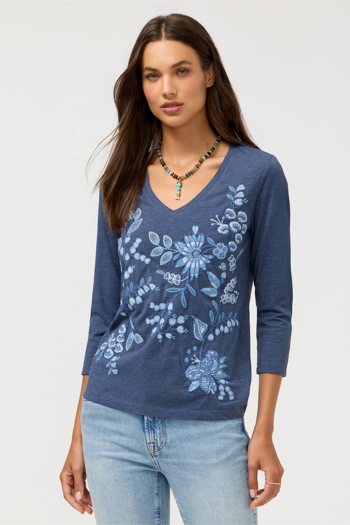 SARAI 3/4 SLEEVE V-NECK TEE-WASH NAVY-JOHNNY WAS