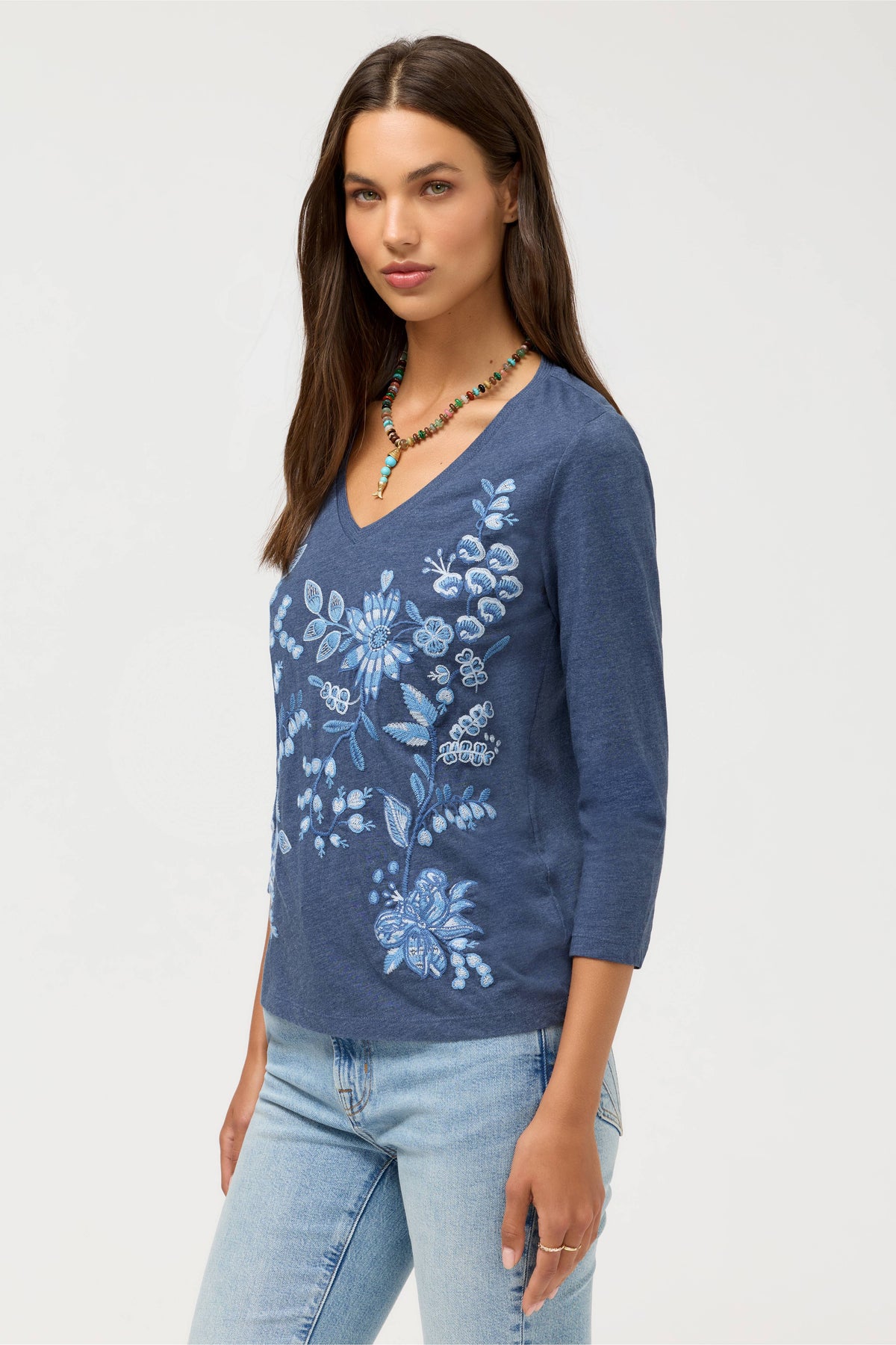 SARAI 3/4 SLEEVE V-NECK TEE-WASH NAVY-JOHNNY WAS