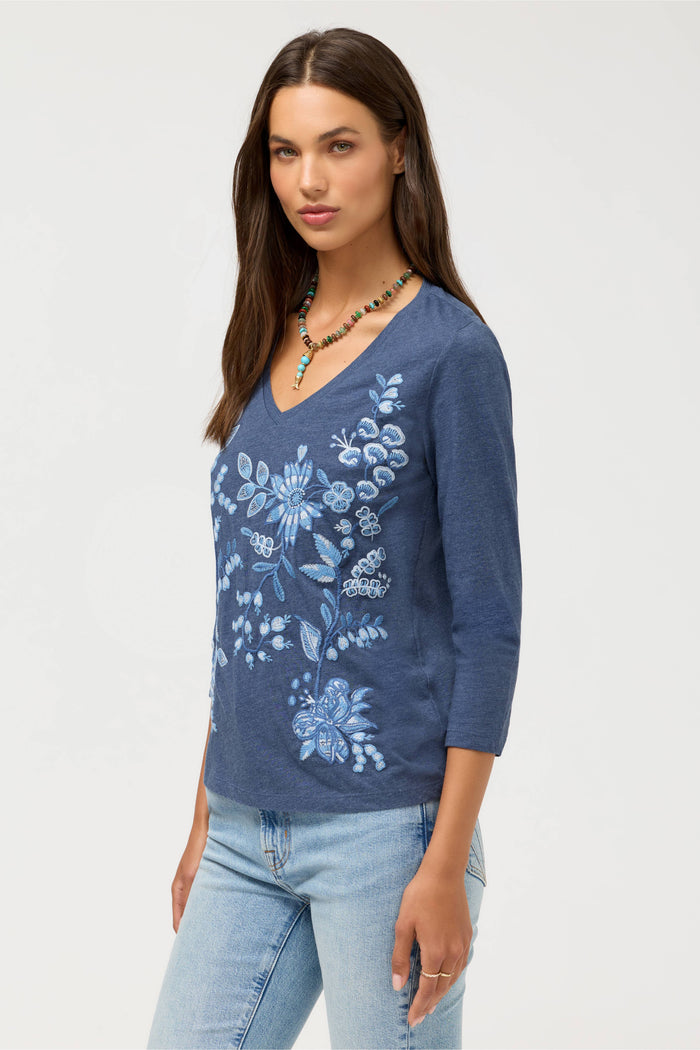 SARAI 3/4 SLEEVE V-NECK TEE-WASH NAVY-JOHNNY WAS