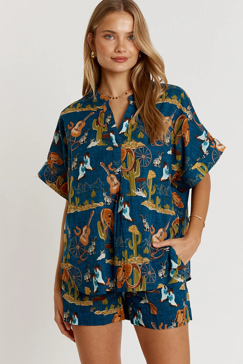 PRAIRIE SHORT SLEEVE BLOUSE-NAVY-LULA LIFE