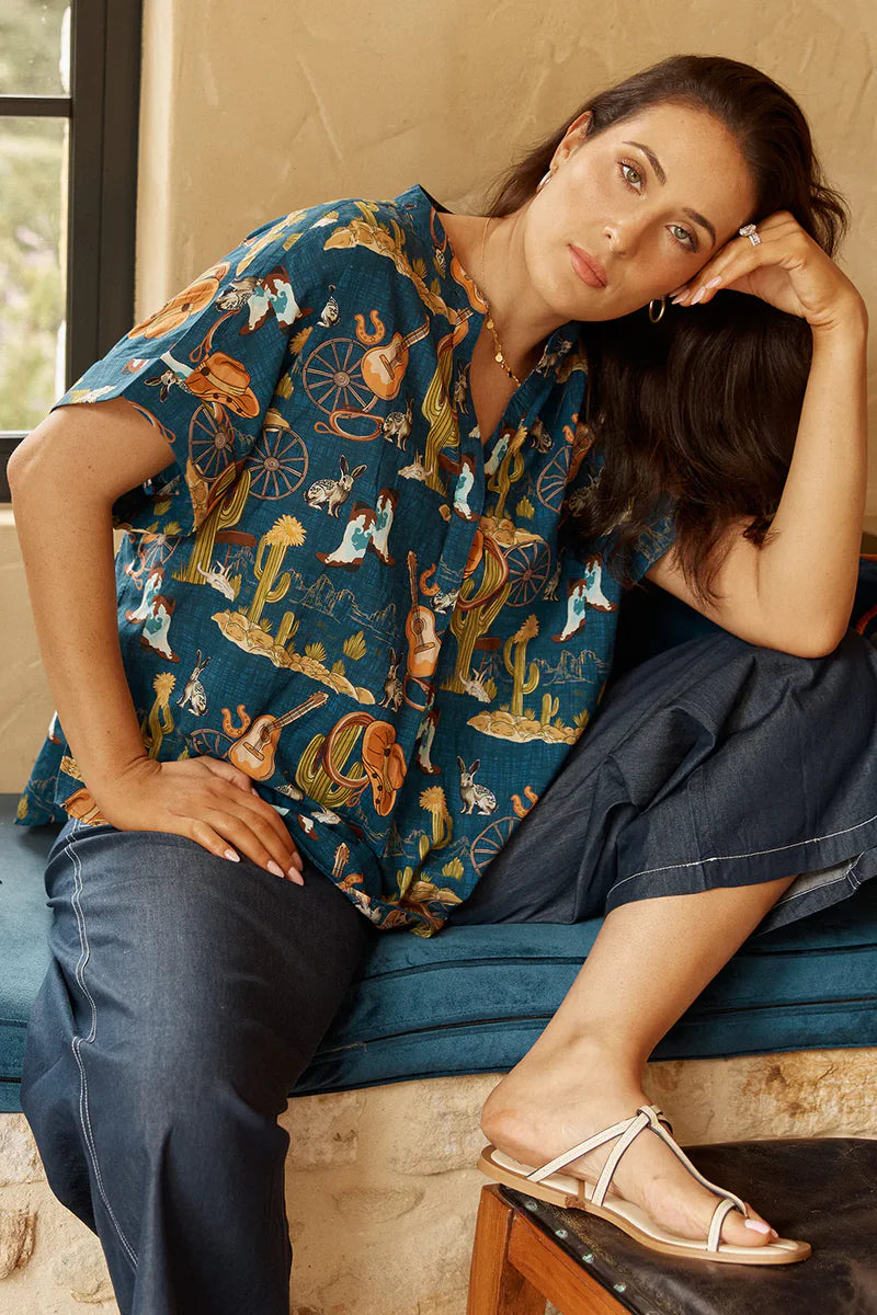 PRAIRIE SHORT SLEEVE BLOUSE-NAVY-LULA LIFE
