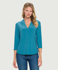 V-NECK PLEATED 3/4 SLEEVE TOP-TEAL-LAST TANGO