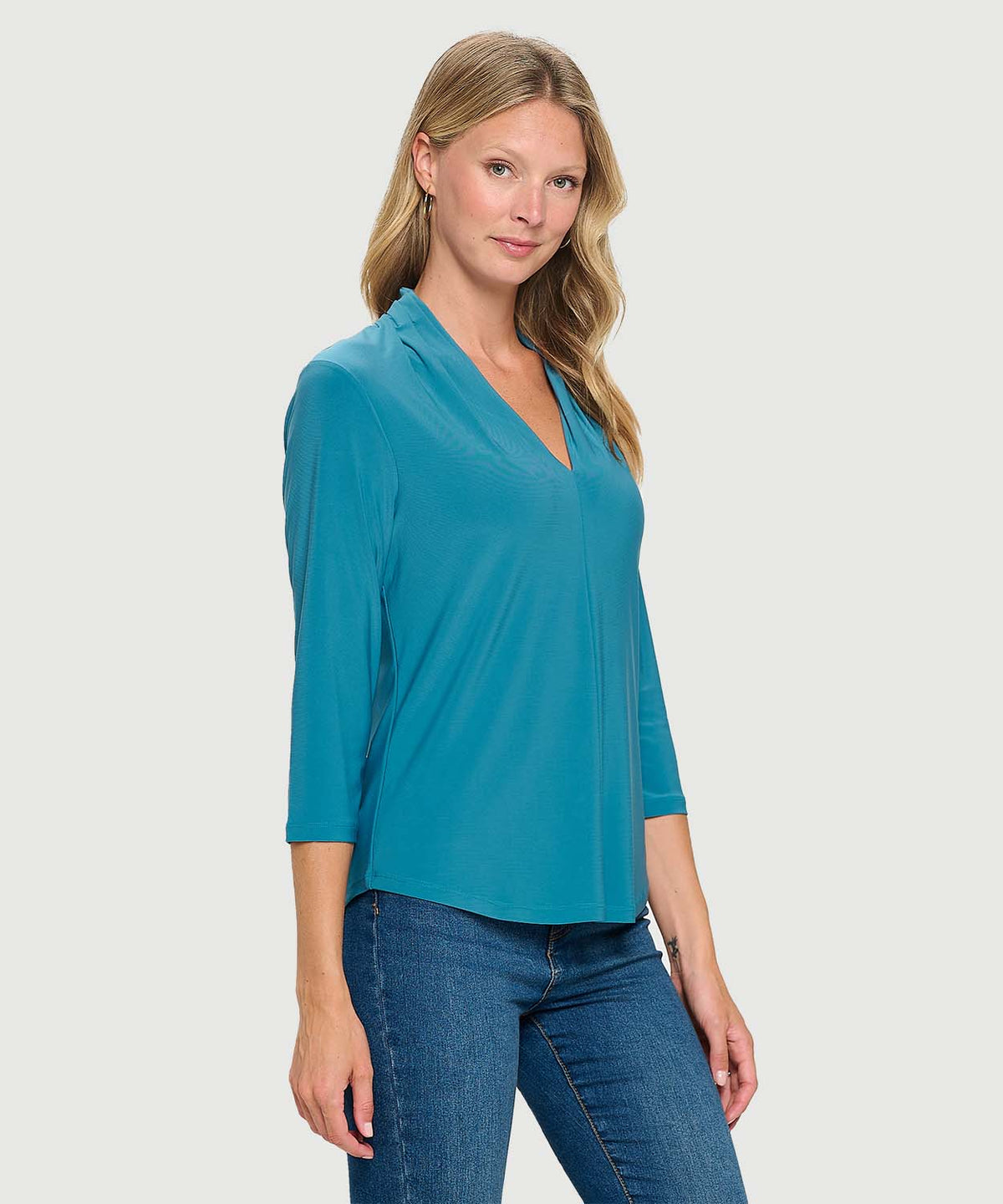 V-NECK PLEATED 3/4 SLEEVE TOP-TEAL-LAST TANGO