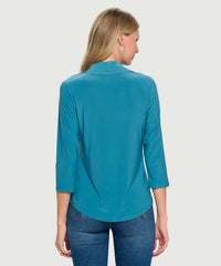 V-NECK PLEATED 3/4 SLEEVE TOP-TEAL-LAST TANGO