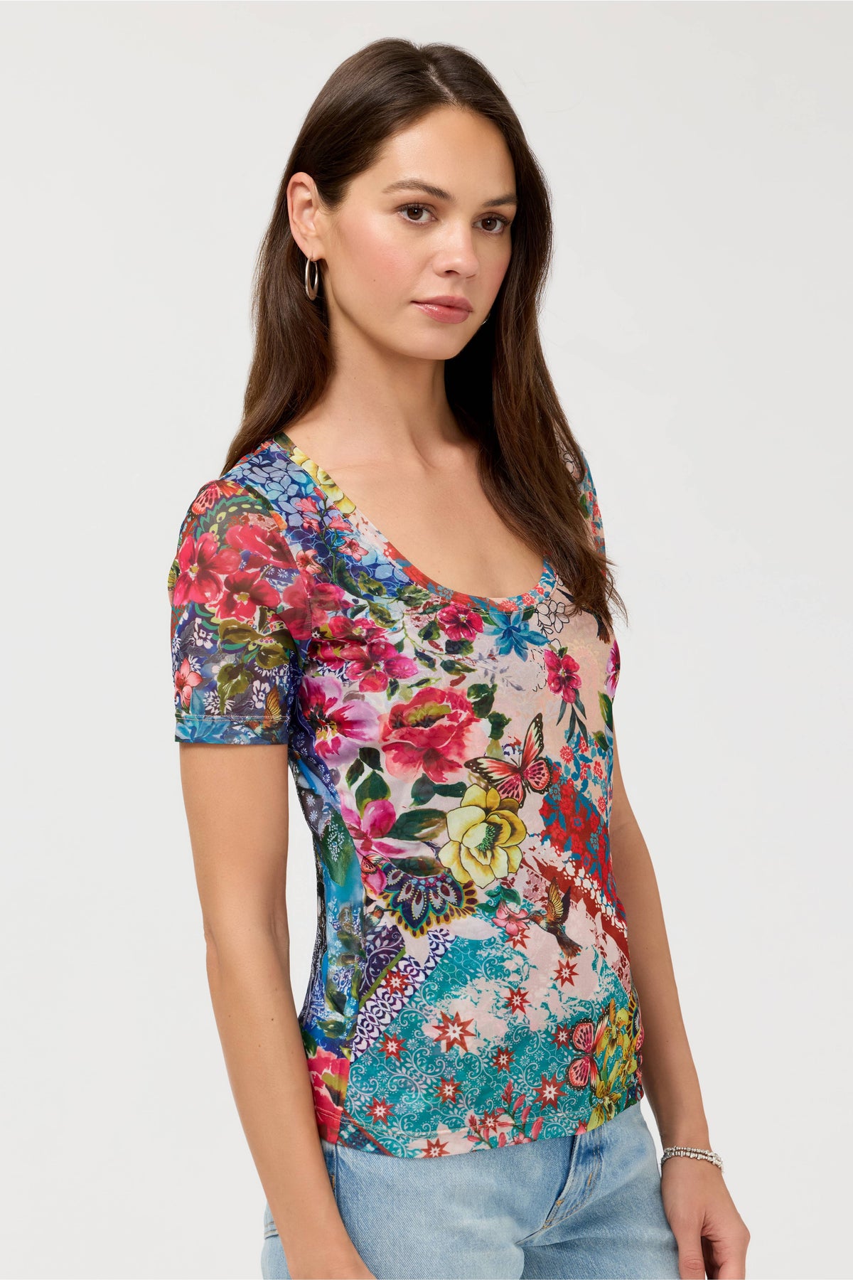 SHORT SLEEVE SCOOP NECK MESH TEE-EVIE-JOHNNY WAS