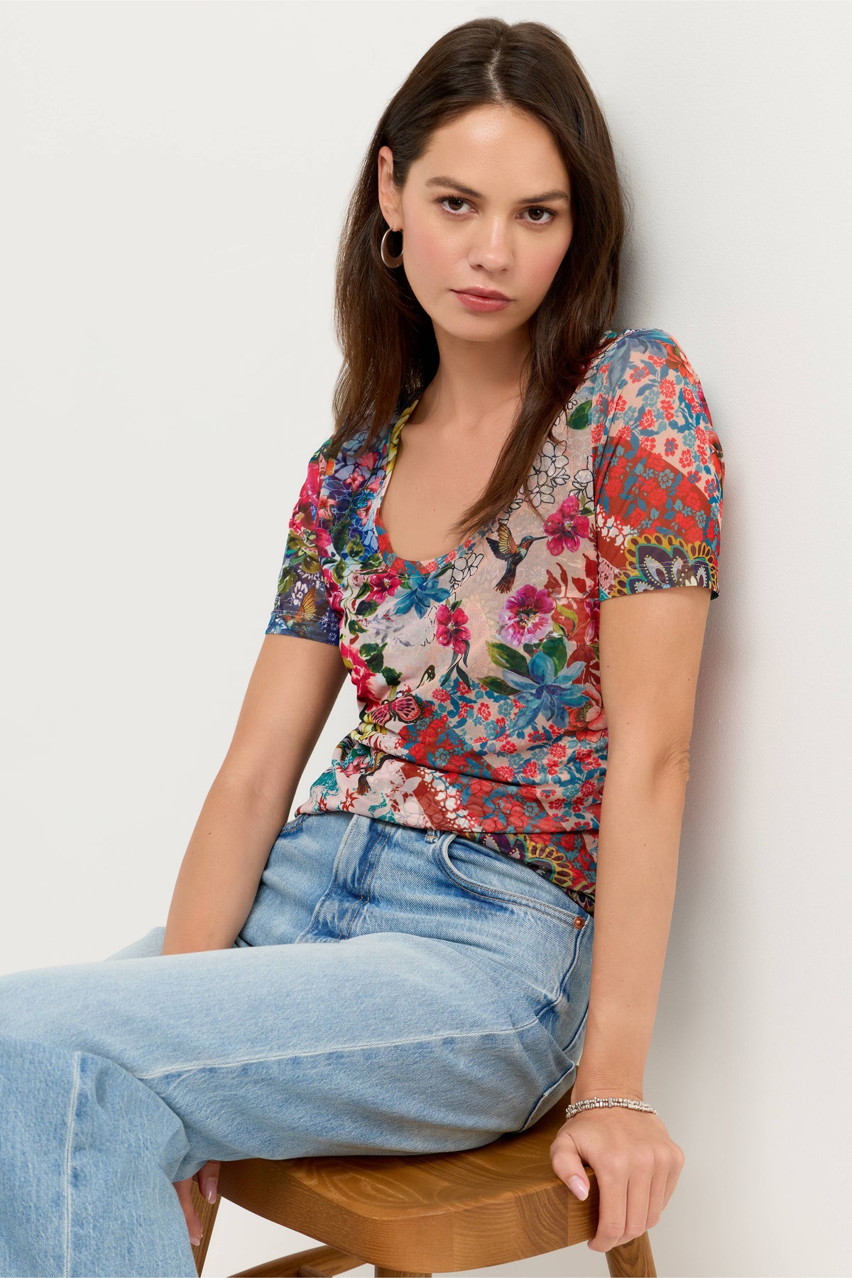 SHORT SLEEVE SCOOP NECK MESH TEE-EVIE-JOHNNY WAS