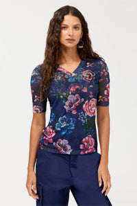V-NECK ELBOW SLEEVE MESH TOP-OLLIE-JOHNNY WAS