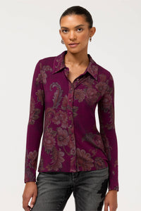 JANIE FAV FITTED L/S BUTTON-TAZARI BURGUNDY-JOHNNY WAS