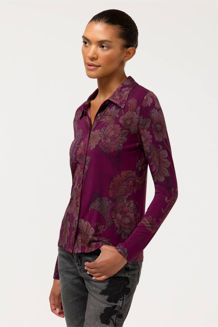 JANIE FAV FITTED L/S BUTTON-TAZARI BURGUNDY-JOHNNY WAS