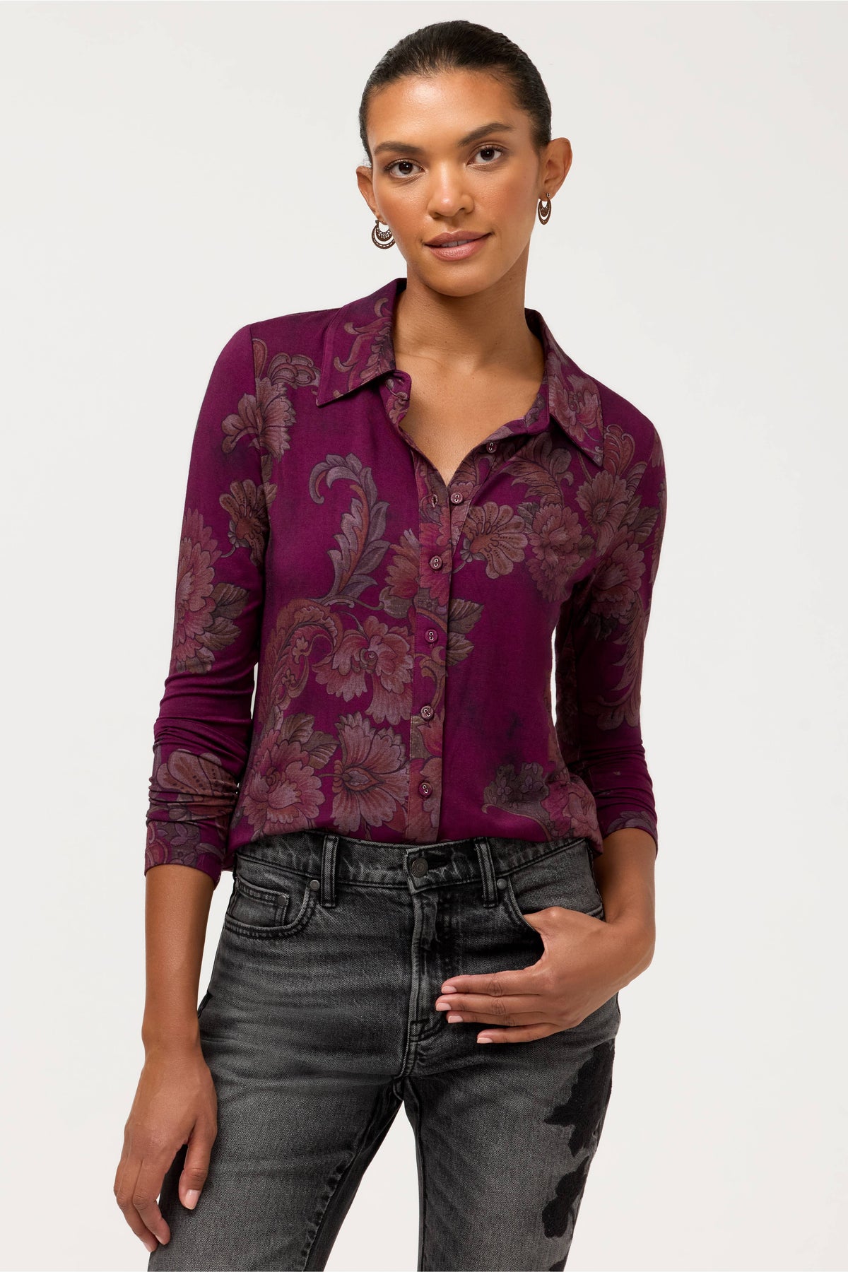 JANIE FAV FITTED L/S BUTTON-TAZARI BURGUNDY-JOHNNY WAS