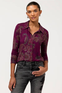 JANIE FAV FITTED L/S BUTTON-TAZARI BURGUNDY-JOHNNY WAS