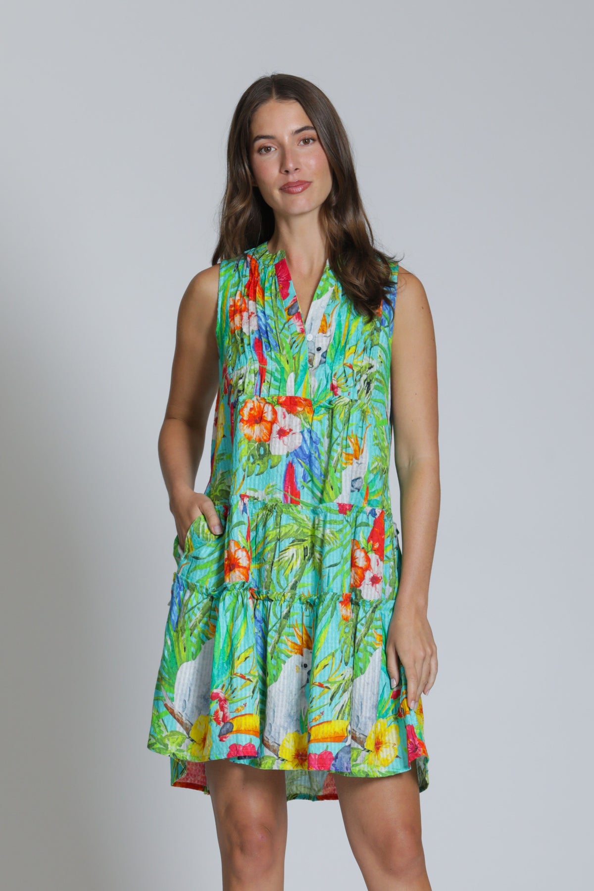 PIN TUCK SLEEVELESS TROPICAL DRESS-APNY