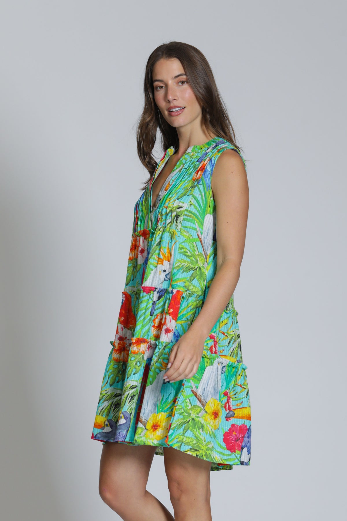 PIN TUCK SLEEVELESS TROPICAL DRESS-APNY
