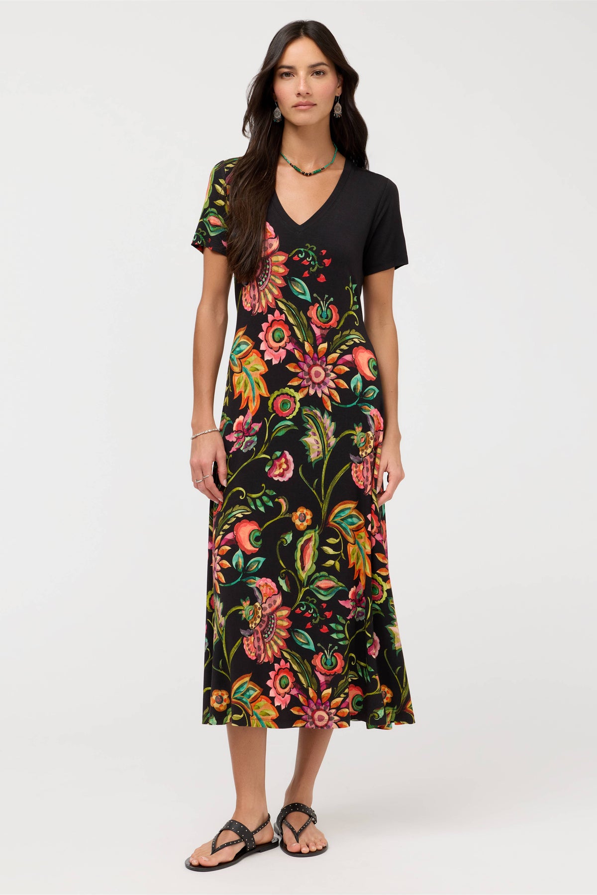 THE JANIE FAV V-NECK CAP SLEEVE DRESS-VALLEY OF THE FLEURS-JOHNNY WAS