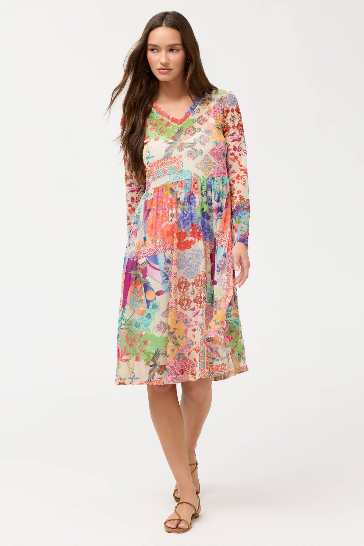 LONG SLEEVE V-NECK MESH TIER DRESS (SLIP)-MCDREAMER PRINT-JOHNNY WAS