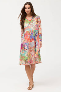 LONG SLEEVE V-NECK MESH TIER DRESS (SLIP)-MCDREAMER PRINT-JOHNNY WAS