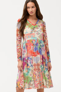 LONG SLEEVE V-NECK MESH TIER DRESS (SLIP)-MCDREAMER PRINT-JOHNNY WAS