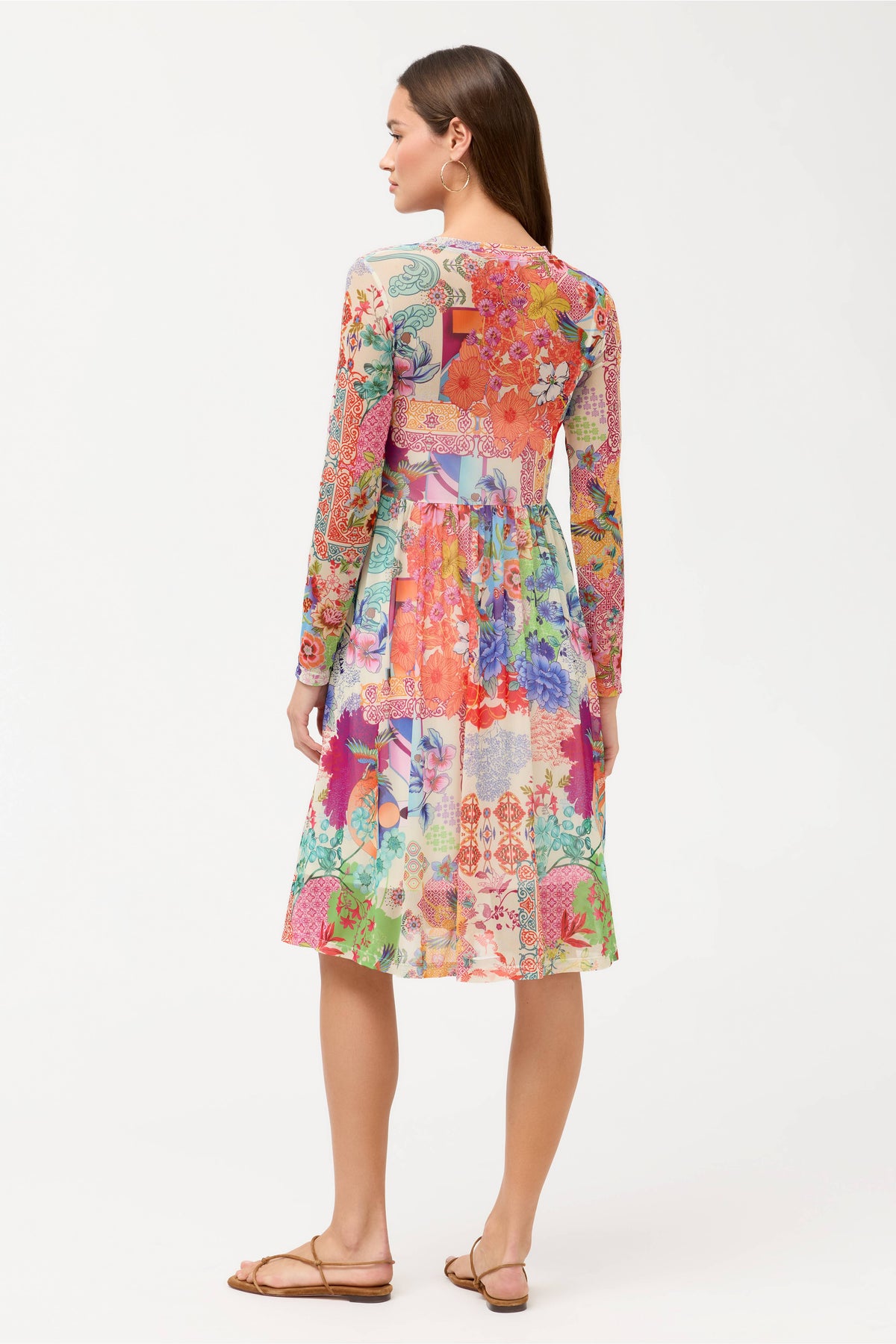 LONG SLEEVE V-NECK MESH TIER DRESS (SLIP)-MCDREAMER PRINT-JOHNNY WAS