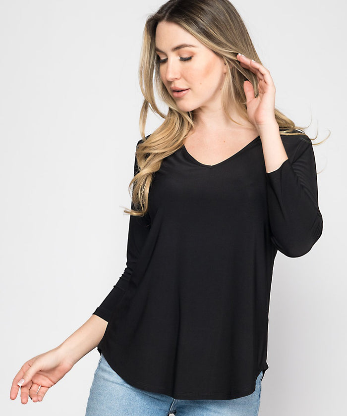 FLOWY V-NECK 3/4 SLV-BLACK-LAST TANGO