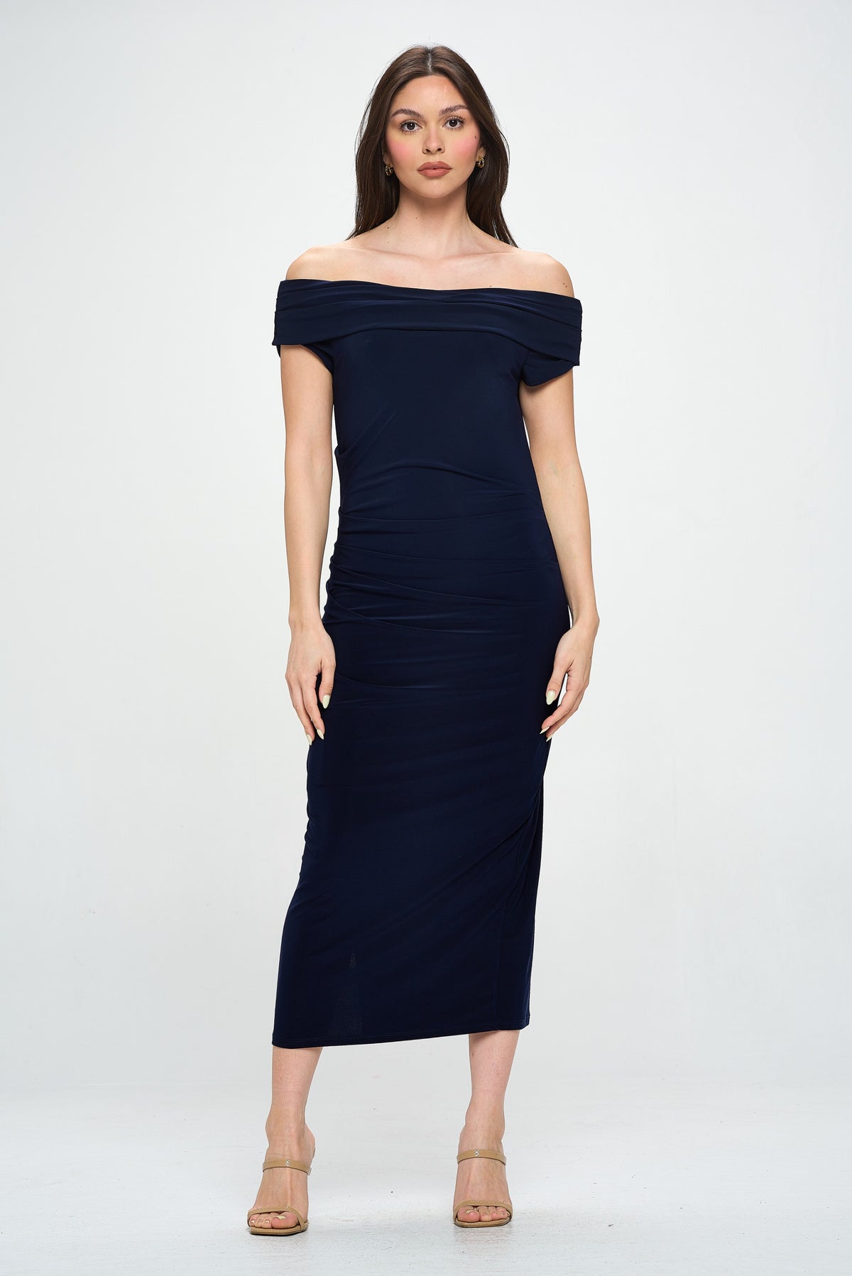 BOATNECK RUCH SIDE SLIT DRESS-NAVY-LAST TANGO