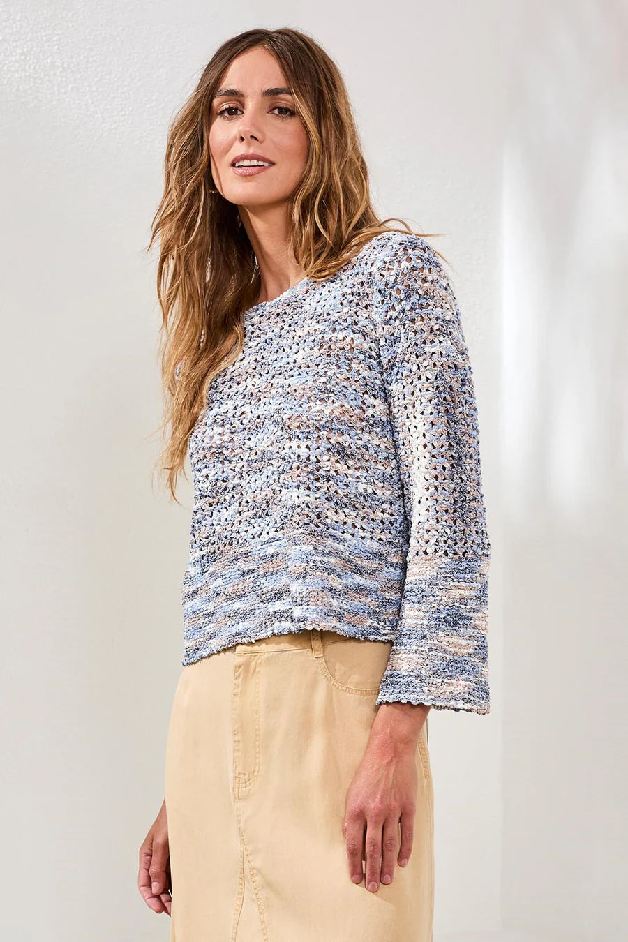 OPEN-STITCH CREW BELL SLEEVE SWEATER-TRIBAL