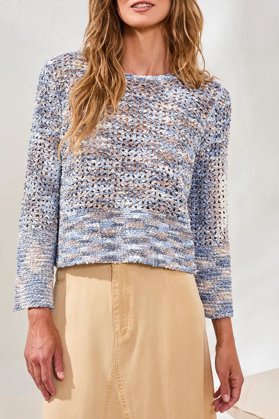 OPEN-STITCH CREW BELL SLEEVE SWEATER-TRIBAL