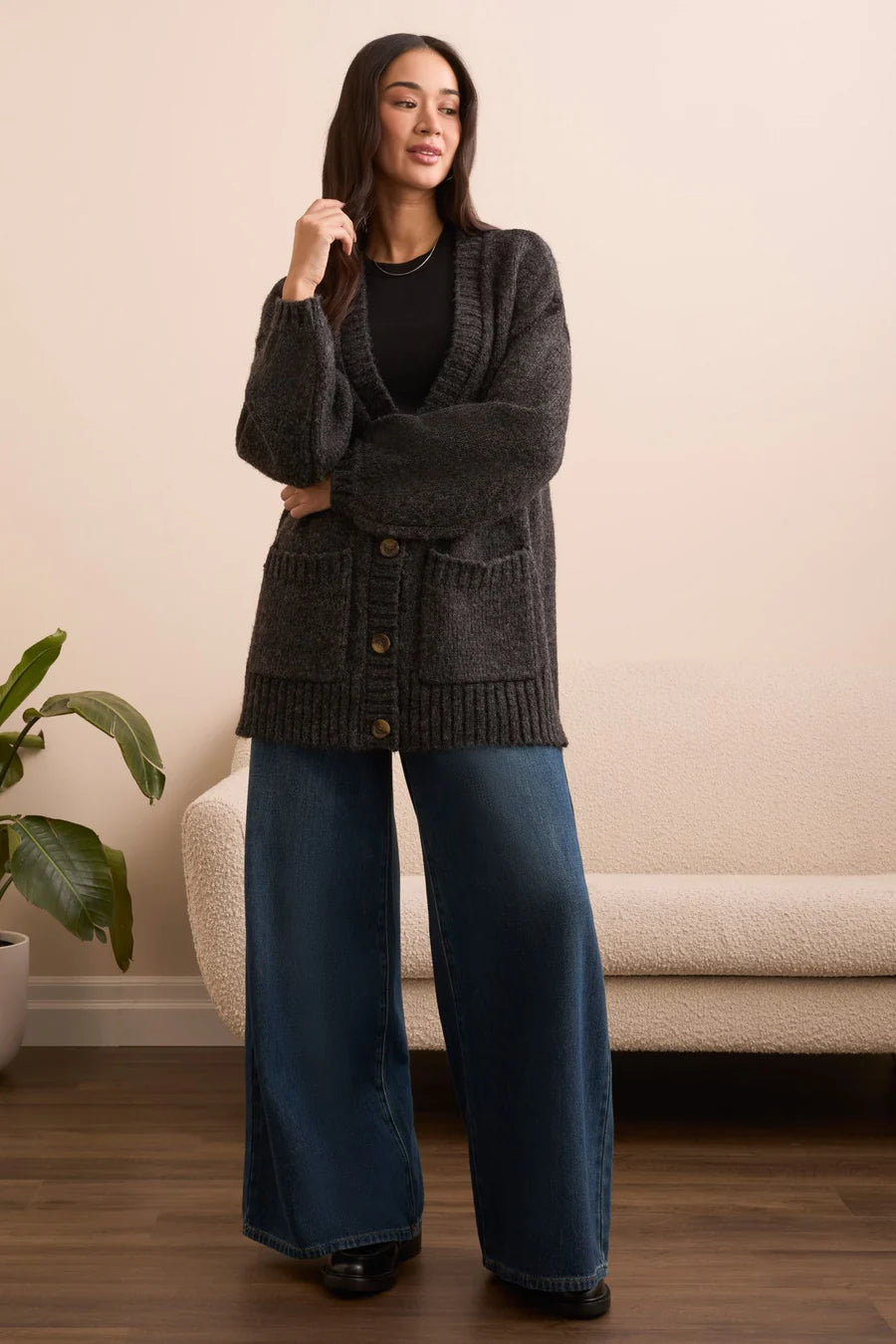BLUE THRED OVERSIZE SWEATER CARDIGAN-H BLACK-TRIBA