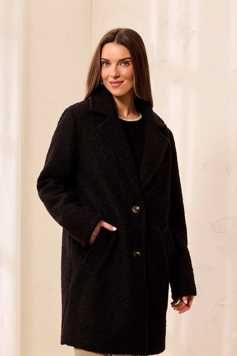 BOUCLE SINGLE BREAST BUTTON FRONT COAT-BLACK-TRIBAL