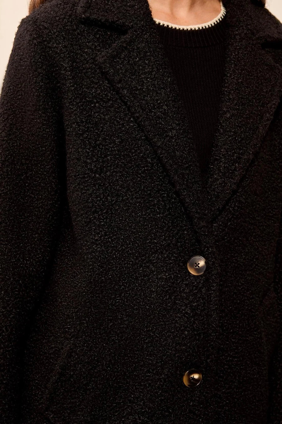 BOUCLE SINGLE BREAST BUTTON FRONT COAT-BLACK-TRIBAL