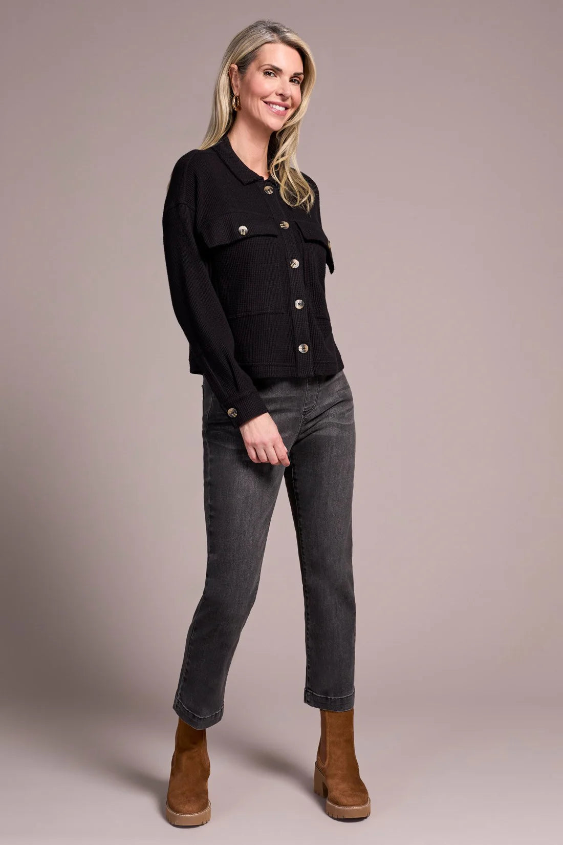 BRUSHED WAFFLE KNIT SHACKET-BLACK-TRIBAL