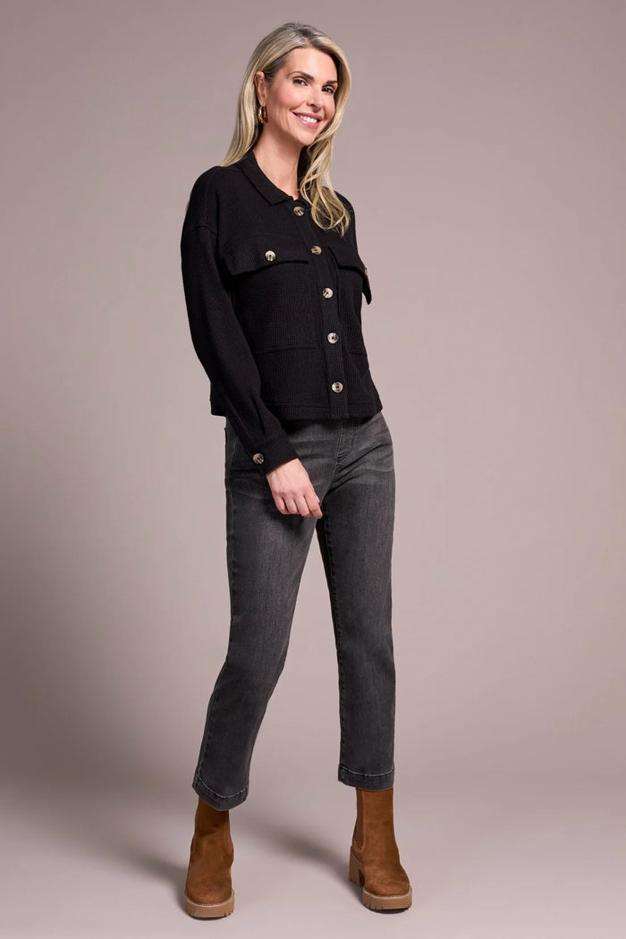 BRUSHED WAFFLE KNIT SHACKET-BLACK-TRIBAL